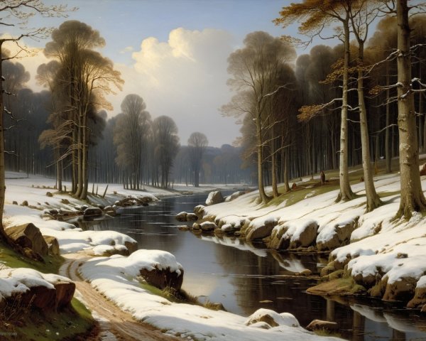 Winter Landscape with River and Snow-Covered Forest