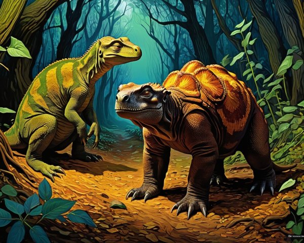 Armored Dinosaur and Agile Companion in Prehistoric Forest