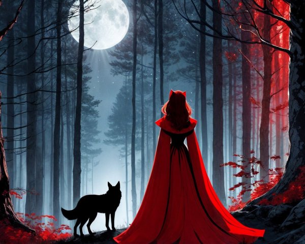 Mystical forest scene with cloaked figure and wolf