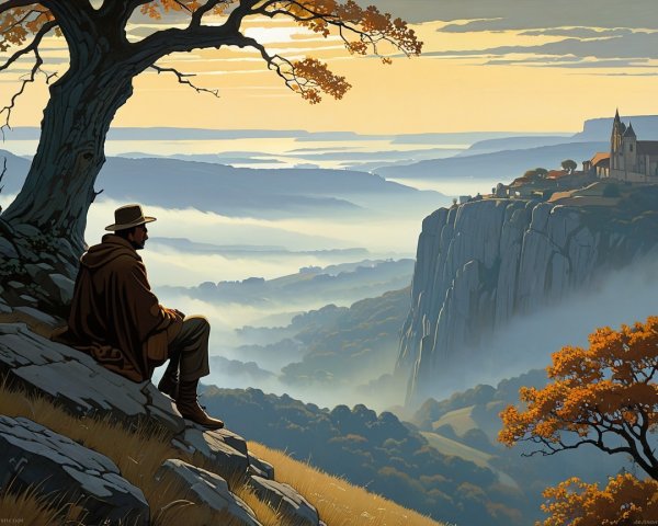 Solitary Figure Overlooking Tranquil Autumn Landscape