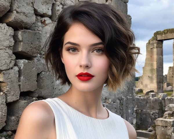Woman in Ancient Stone Ruins with Bold Features