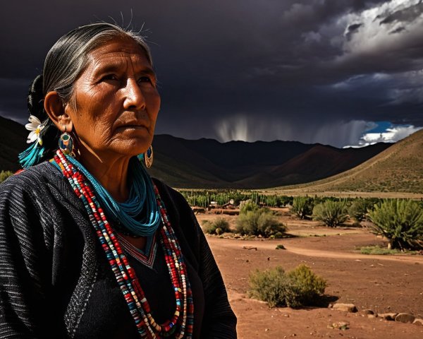 Weathered Woman in Traditional Attire in Rugged Landscape