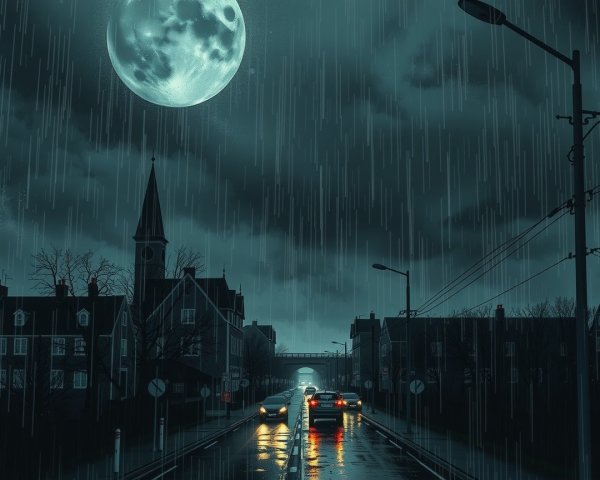 Dark Cityscape with Moonlit Rain and Silhouetted Buildings