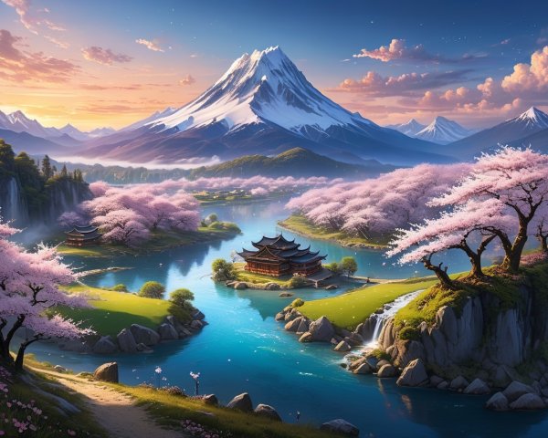 Serene River Landscape with Cherry Blossoms and Pagoda