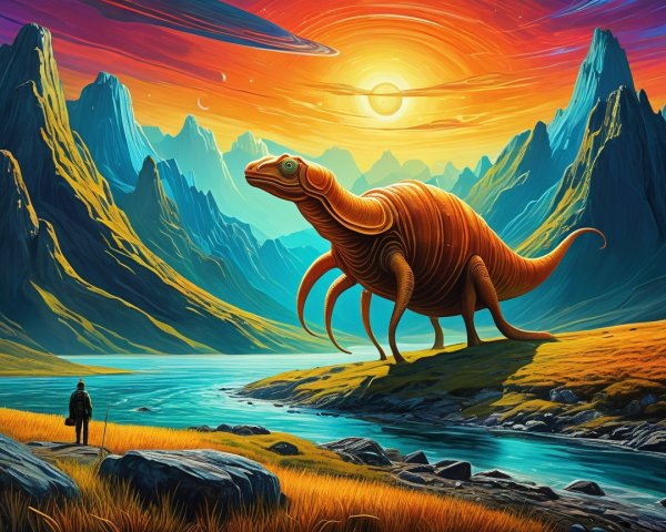 Orange Creature by River with Cosmic Background