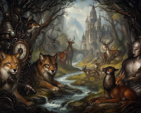 Magical Forest with Animals and Steampunk Elements