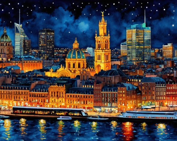 Vibrant Night Cityscape with Reflections and Stars