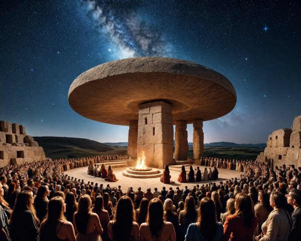 Ancient Stone Structure Surrounded by Gathering Under Stars