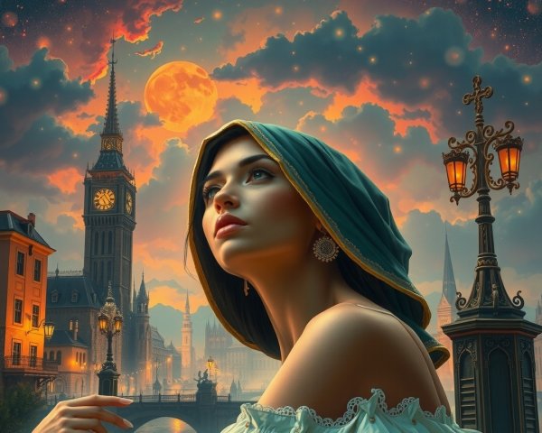 Serene Woman in White Dress Against Sunset Cityscape