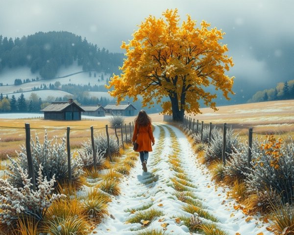Young girl in orange coat on snowy path with fall trees