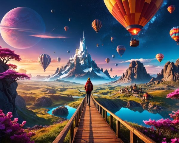 Traveler on Pathway with Mountain and Castle View