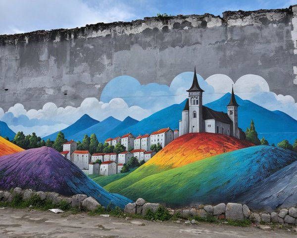 Vibrant Mural of a Fantastical Landscape and Village
