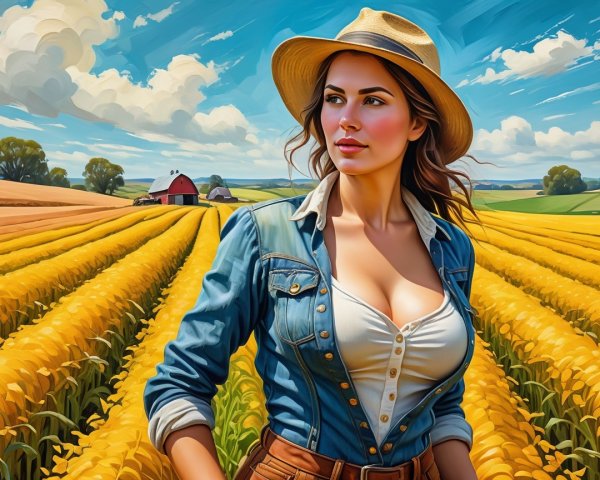 Woman in Denim Shirt in Yellow Flower Field