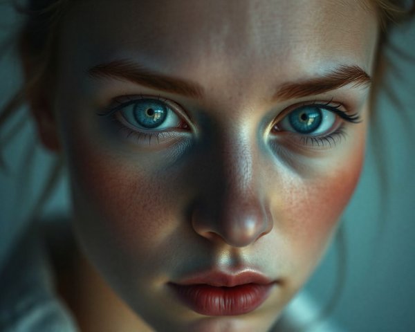 Close-Up of Young Woman's Face with Blue Eyes
