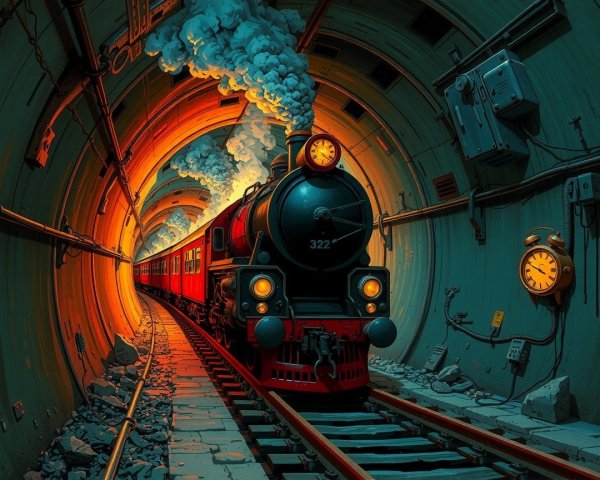 Vintage steam train emerging from dark tunnel with smoke