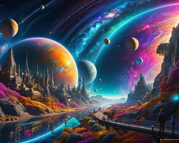 Vibrant Cosmic Landscape with Galaxies and Castles