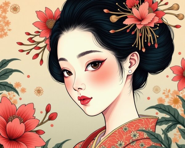 Serene Young Woman in Traditional Kimono with Flowers