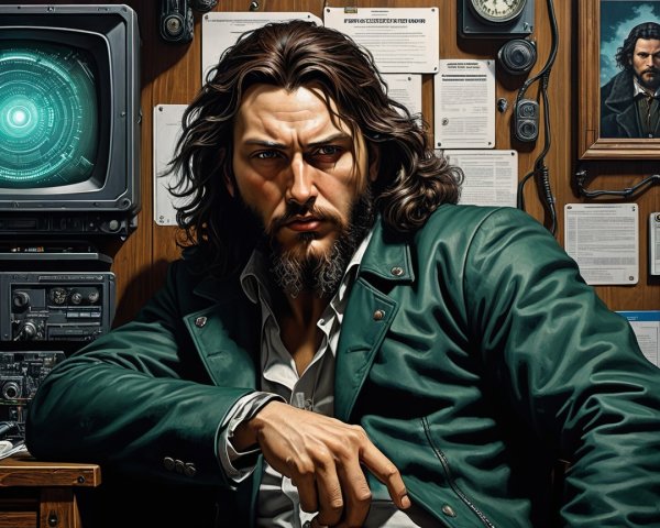 Brooding Figure in Vintage Communication Setup