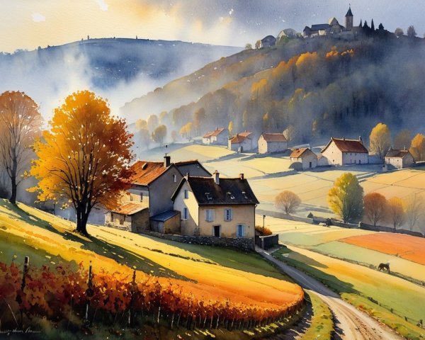Autumn Landscape with Rolling Hills and Quaint Houses