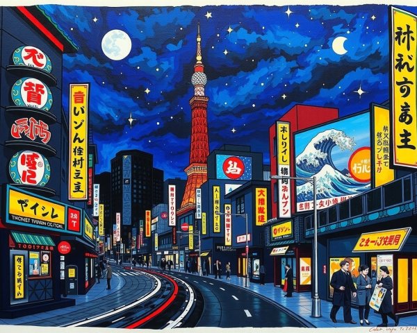 Vibrant Tokyo Night Scene with Neon Signs and Tram