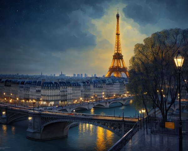 Panoramic Night View of Cityscape with Eiffel Tower