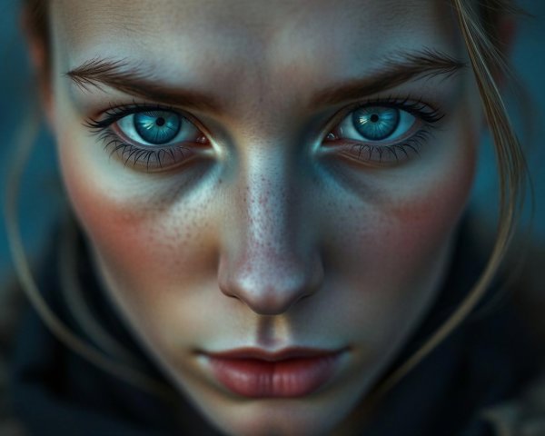 Close-up portrait of a young woman with blue eyes
