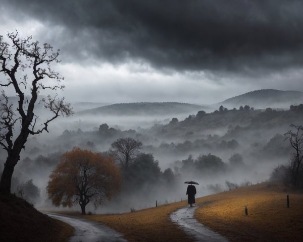 Lone Figure Under Umbrella at Foggy Crossroads