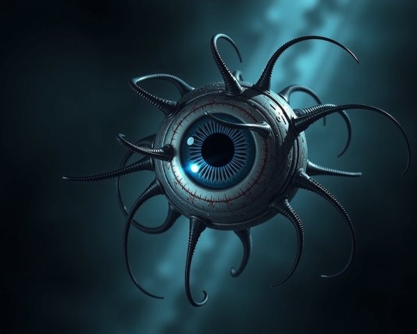 Surreal Futuristic Object with Spherical Eye and Tentacles