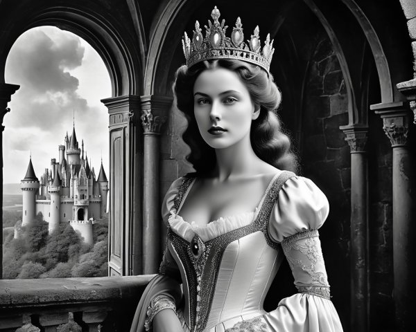 Regal Figure in Ancient Stone Archway in Black and White