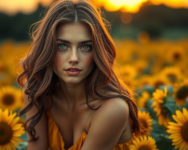 Young Woman in Sunflowers at Sunset