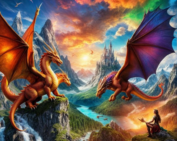 Dragons Soaring Over Mountains at Sunset