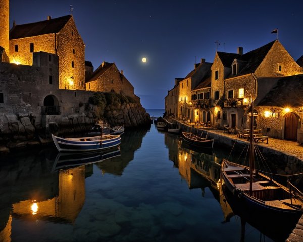 Tranquil Night Scene in a Historic Coastal Village