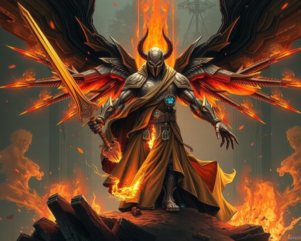 Armored Figure with Sword and Dark Wings Amid Flames