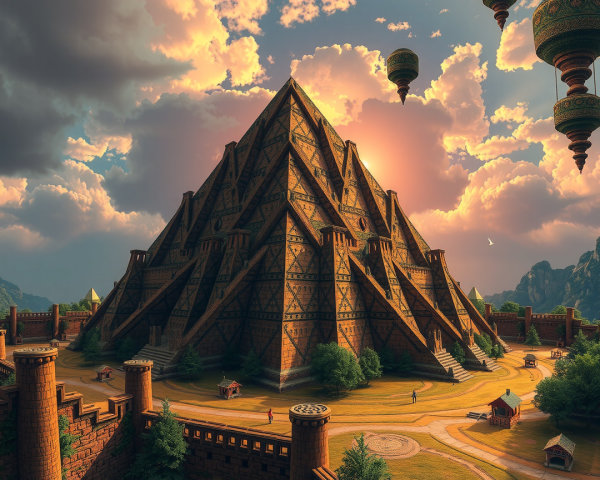 Majestic Pyramid Surrounded by Lush Landscape and Balloons