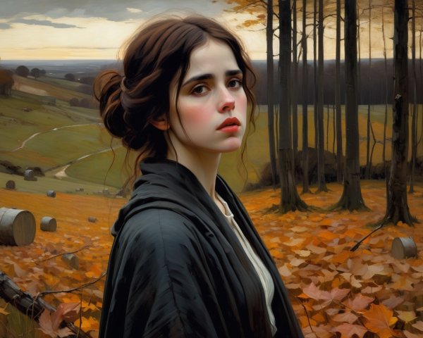 Young Woman in Serene Autumn Landscape with Foliage