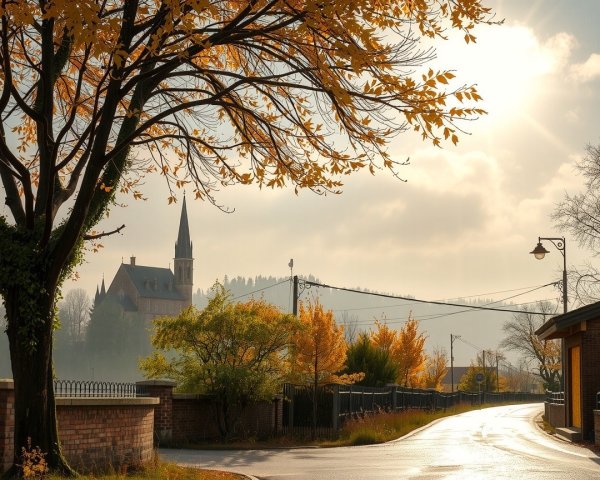 Autumn Landscape with Winding Road and Church