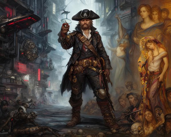 Cyborg Pirate Character with Distinctive Attire and Gear