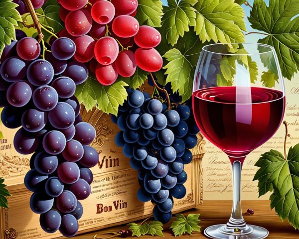 Vibrant Grapes and Red Wine in Vineyard Setting