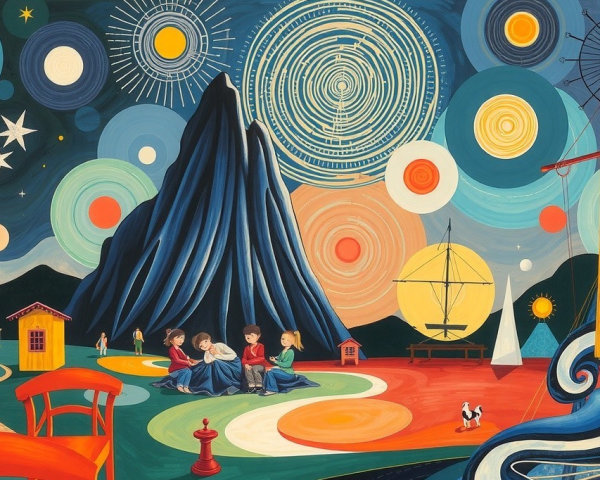 Surreal Landscape with Mountain and Celestial Bodies