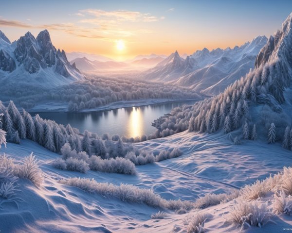 Winter Landscape with Snow-Covered Mountains and Lake