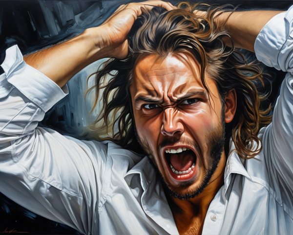 Painting of a man in anguish with intense expression