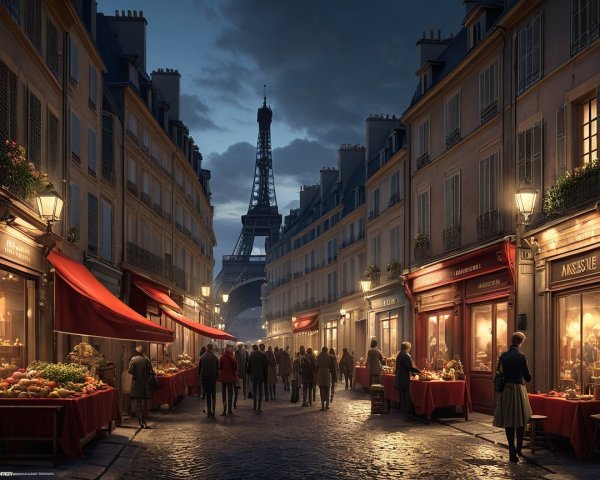 Twilight Parisian Street Scene with Eiffel Tower and Stalls