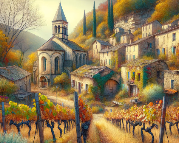 Quaint village among vineyards with autumn foliage