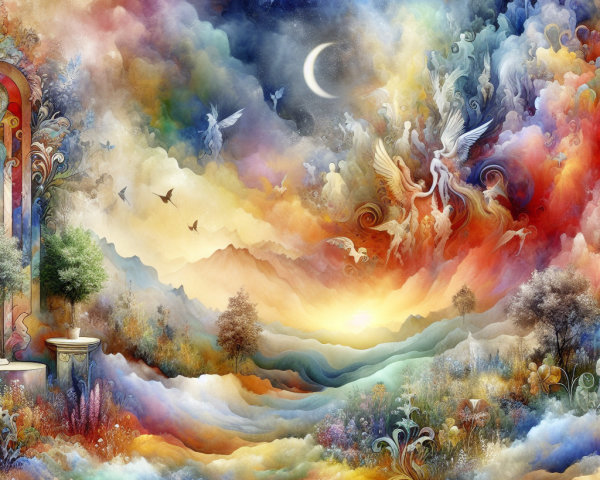 Surreal Landscape with Ethereal Creatures and Flora