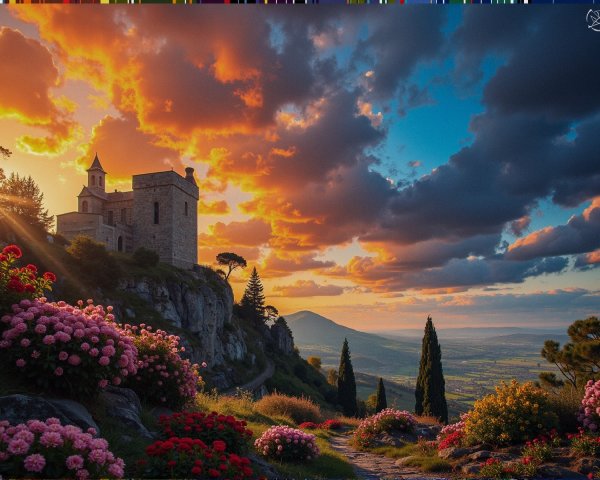 Sunset Over a Castle Surrounded by Vibrant Nature