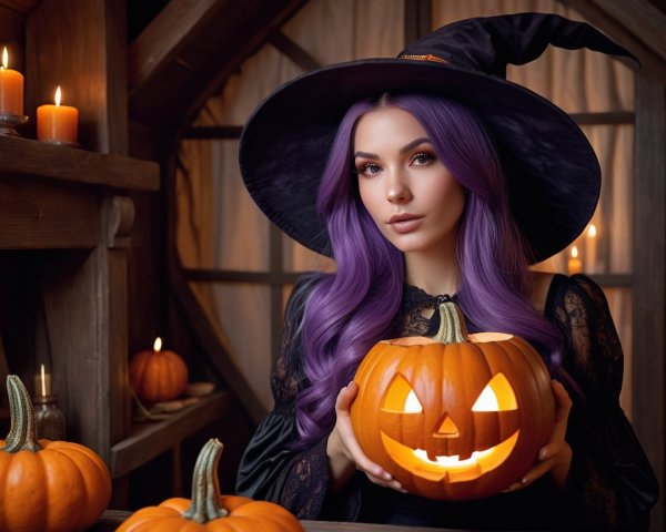 Woman in Witch Hat with Pumpkin in Rustic Setting