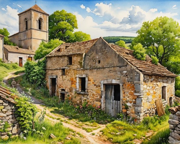 Charming Rural Scene with Stone Buildings and Church Tower