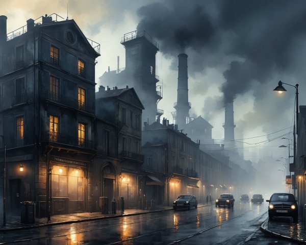 Moody Industrial Street Scene at Dusk with Smoke
