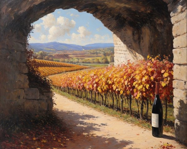 Vineyard Scene Through Stone Archway in Autumn