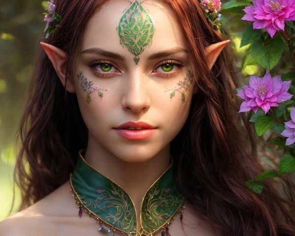 Ethereal Elf-Like Figure with Floral and Greenery Elements